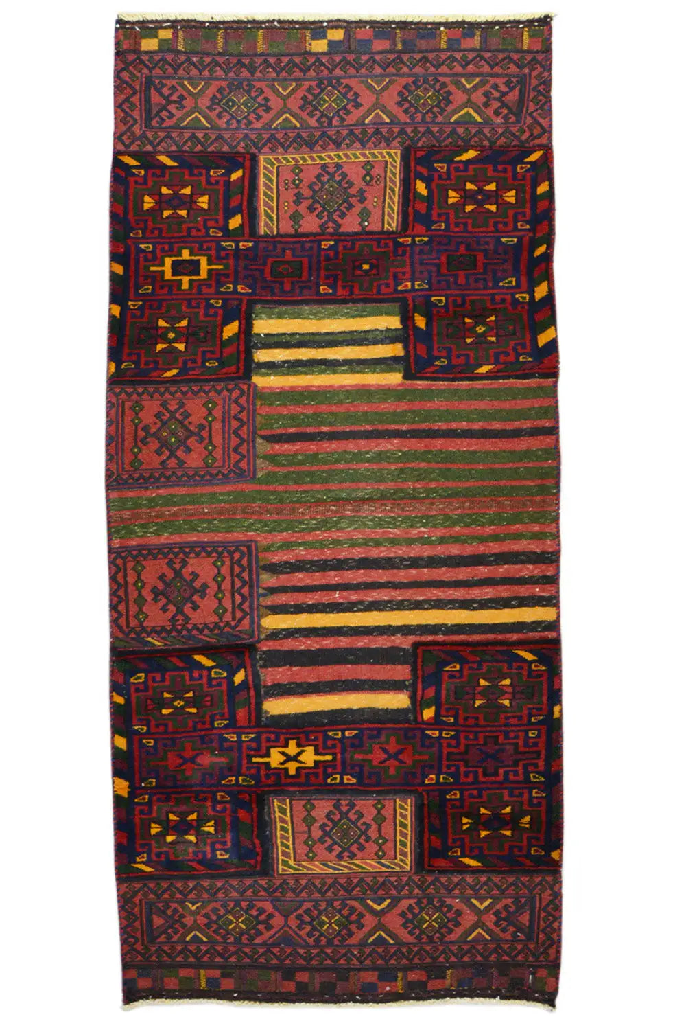 Bakhtiari kilim rug with a central field of stripes and surrounding geometric patterns