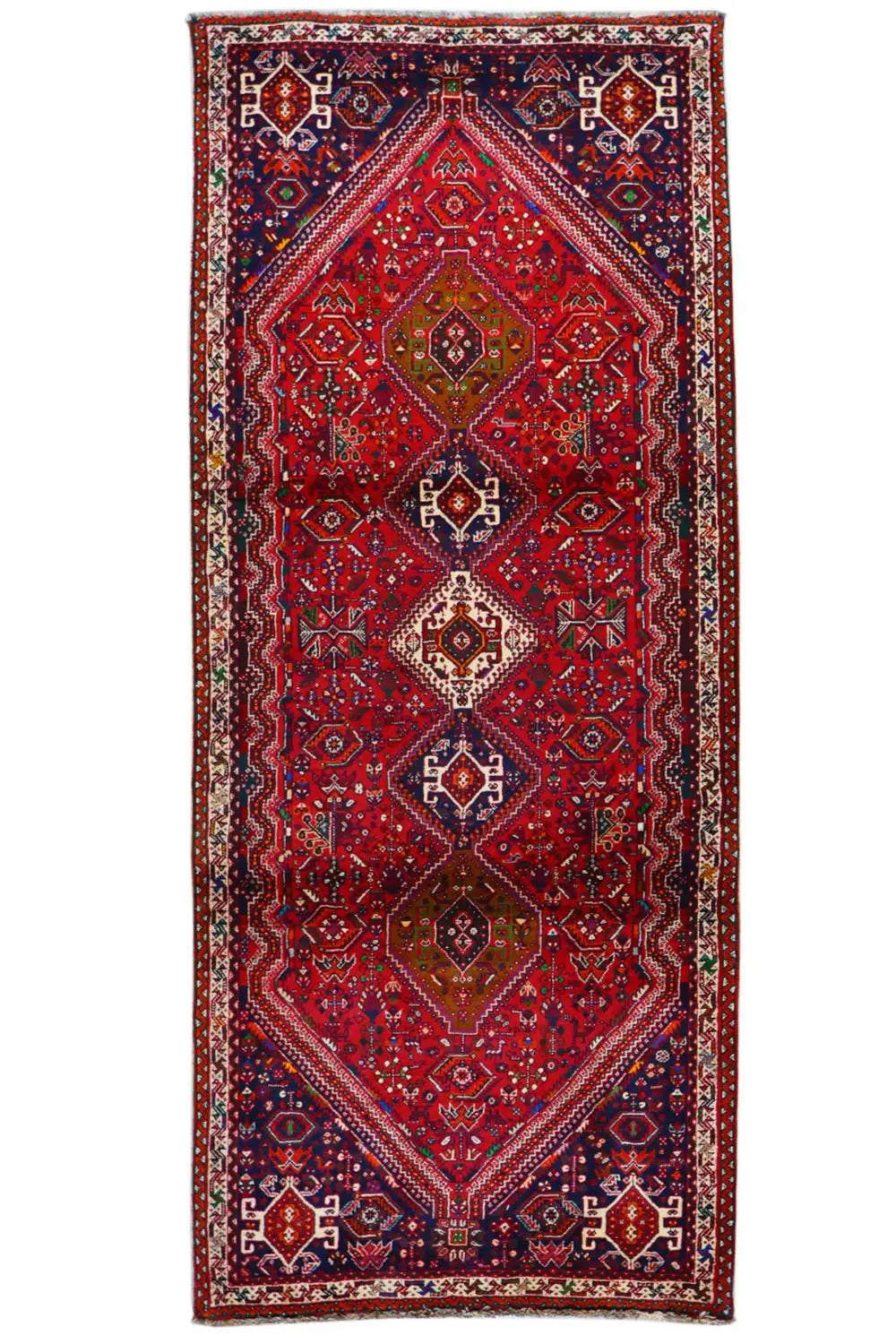 Rectangular runner with a red center and dark blue border ornaments