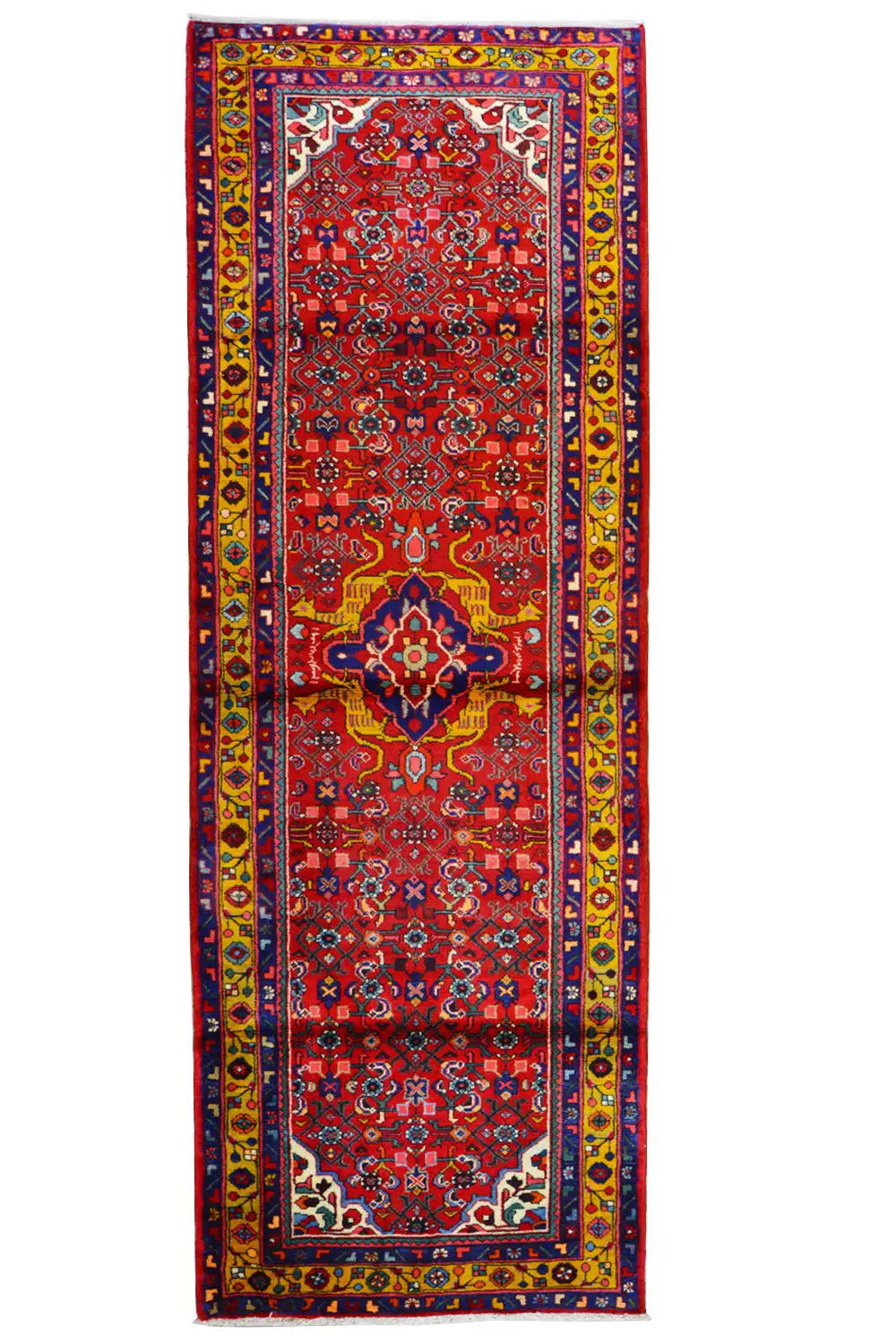 Hamadan runner 320x114 cm, red central field with borders in blue and yellow