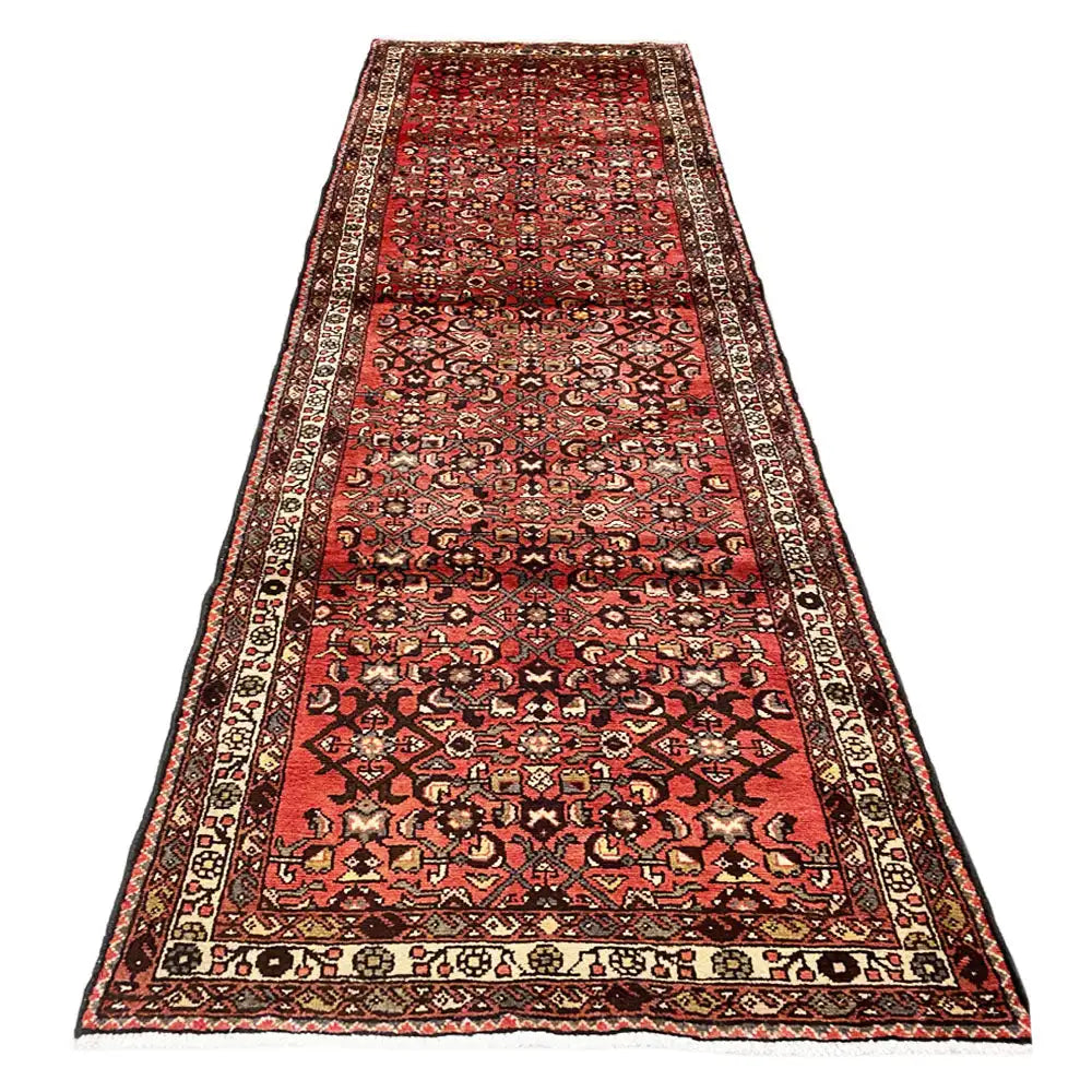 Hamadan runner 333x102 cm with a red ornamental pattern and a wide border edge
