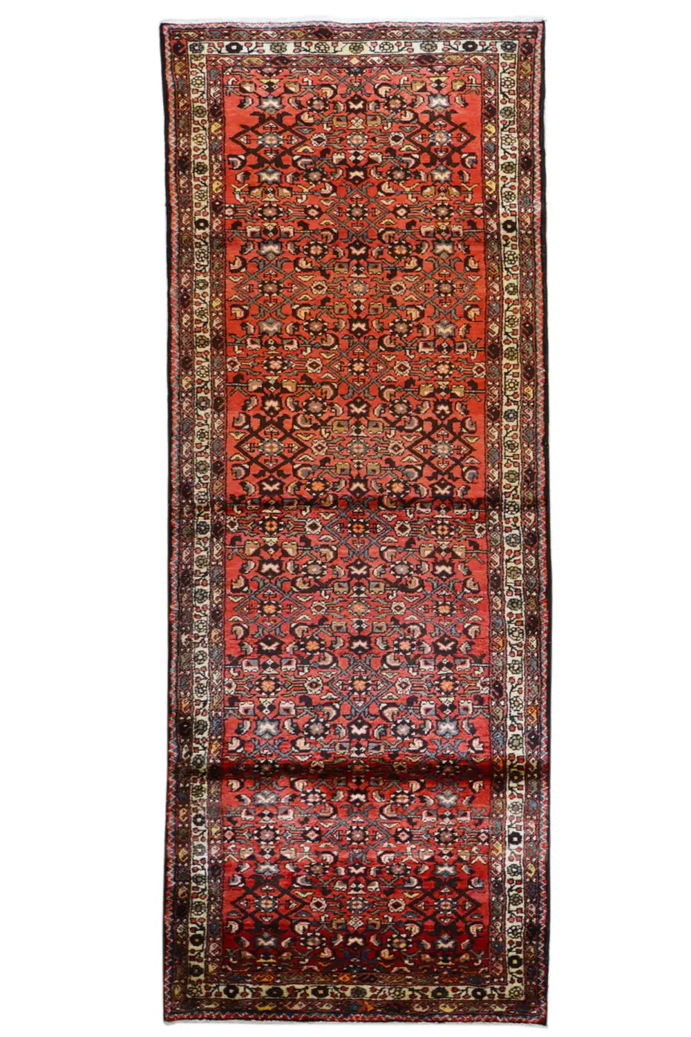Oriental rug runner 333x102 cm, red-orange with ornaments and a multicolored border