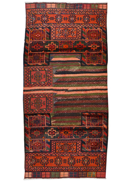Kelim Bakhtiari rug, centered front view: orange-red fields, beige central stripe, borders