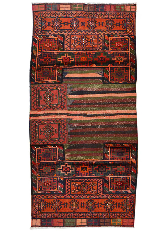 Kelim Bakhtiari rug, centered front view: orange-red fields, beige central stripe, borders