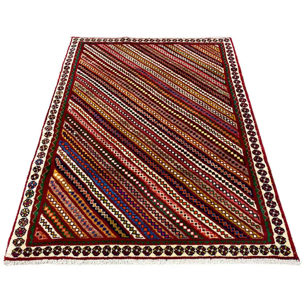 Gabbeh rug with a striped pattern: multicolored diagonal lines with a border, top view