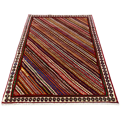 Gabbeh rug with a striped pattern: multicolored diagonal lines with a border, top view