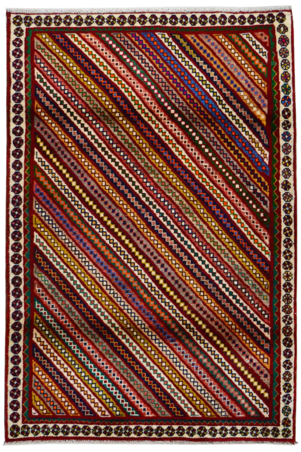 Gabbeh rug, front view: red, yellow, green, and blue striped pattern in an ornamental frame