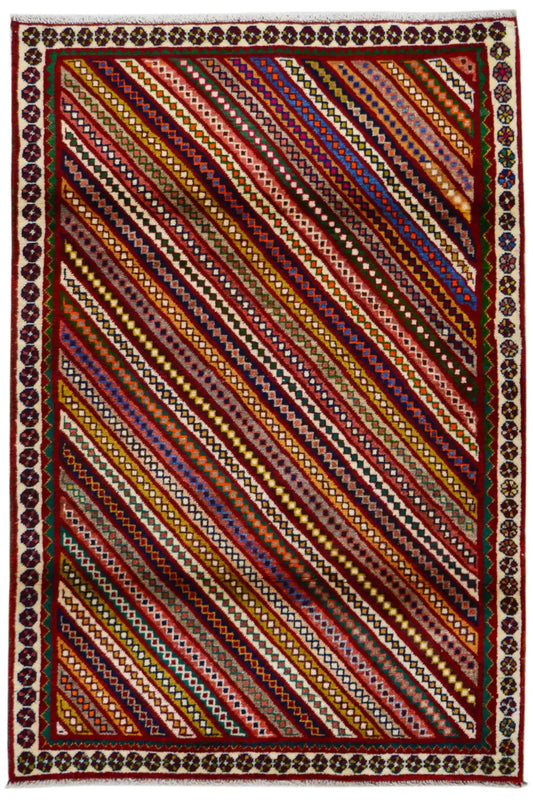 Gabbeh rug, front view: red, yellow, green, and blue striped pattern in an ornamental frame