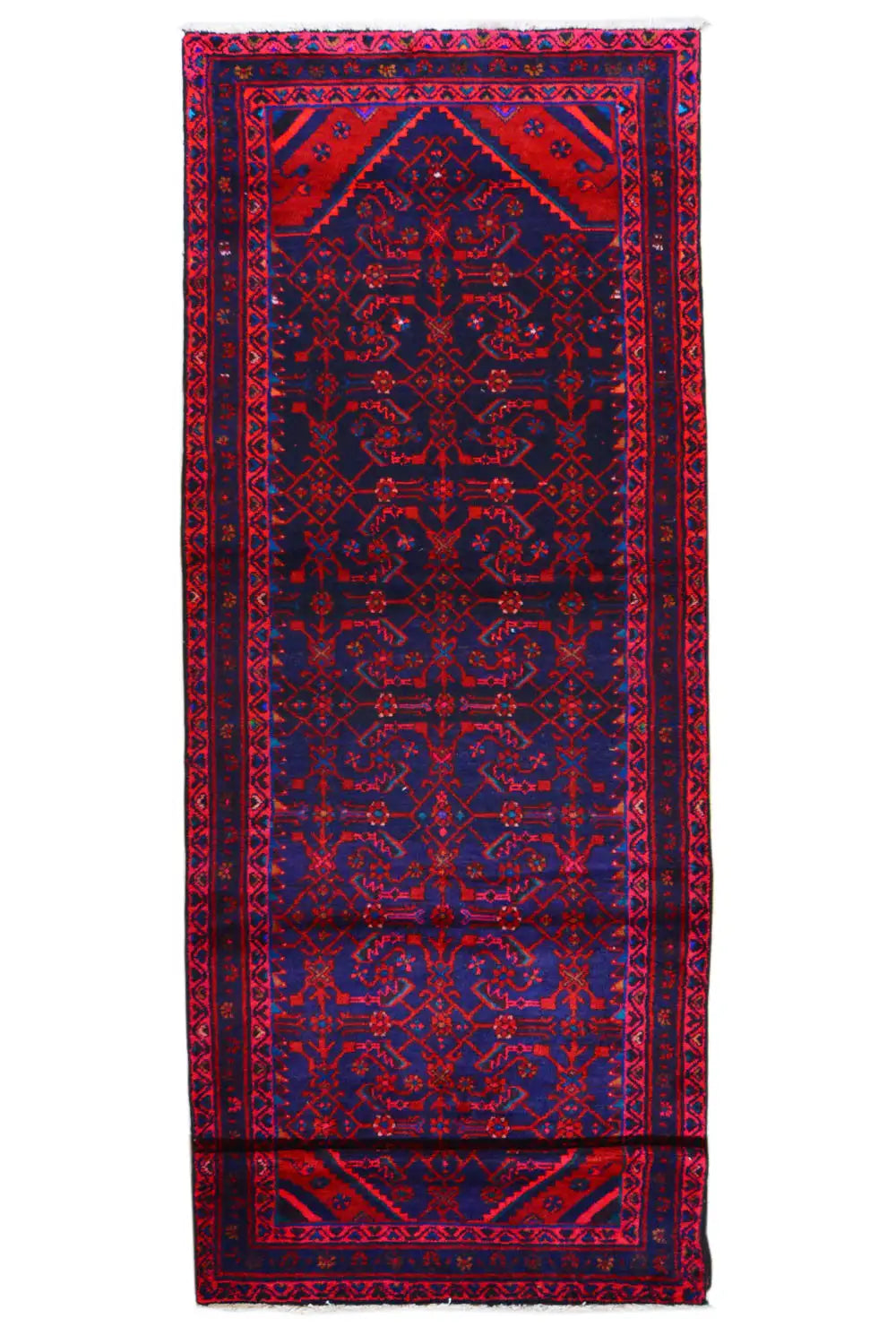 Rectangular Hamadan runner: burgundy pattern with dark blue central and border bands
