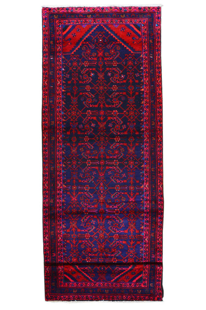Rectangular Hamadan runner: burgundy pattern with dark blue central and border bands