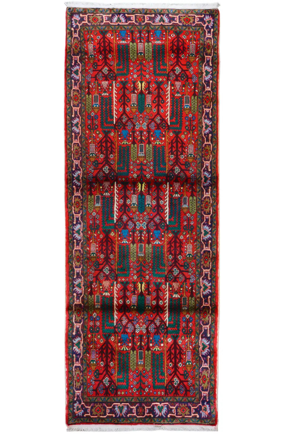 Hamadan runner photographed vertically: rectangular with a red background and a multicolored ornamental pattern.