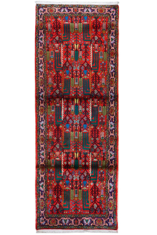 Hamadan runner photographed vertically: rectangular with a red background and a multicolored ornamental pattern.