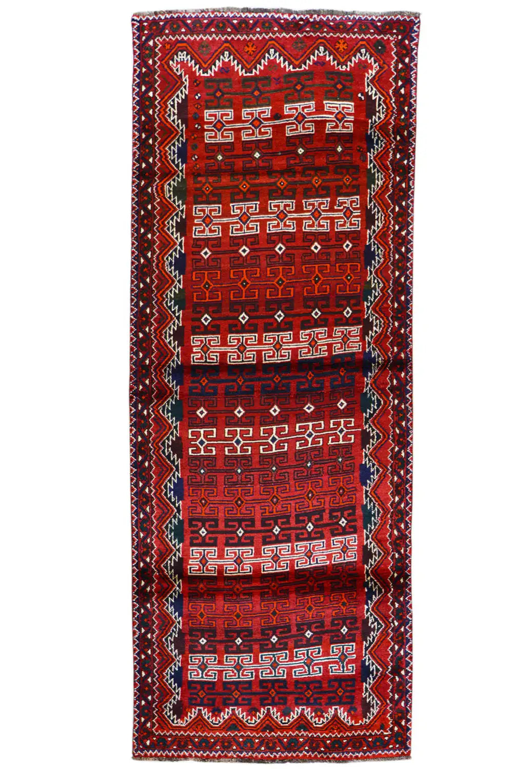 Qashqai runner, narrow when laid out: red square ornament, dark edge and border