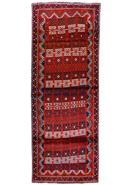 Qashqai runner, narrow when laid out: red square ornament, dark edge and border