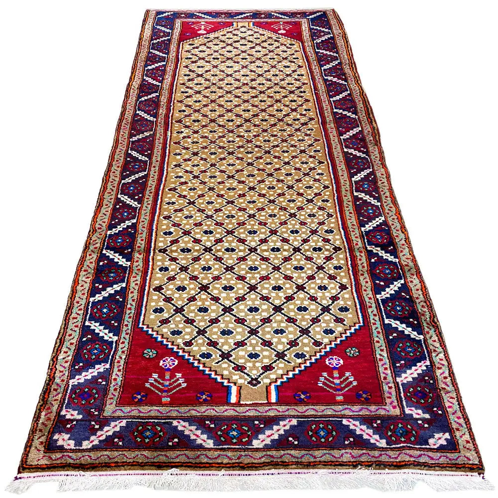 Hamadan runner: colorful Oriental rug runner with border, geometric pattern, approx. 302x103 cm
