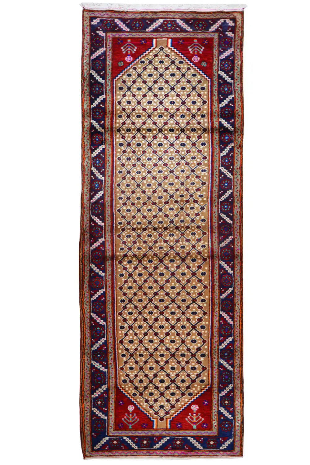 Oriental rug runner, front view: beige medallion field with a dark blue border and Bordeaux-red ornamentation