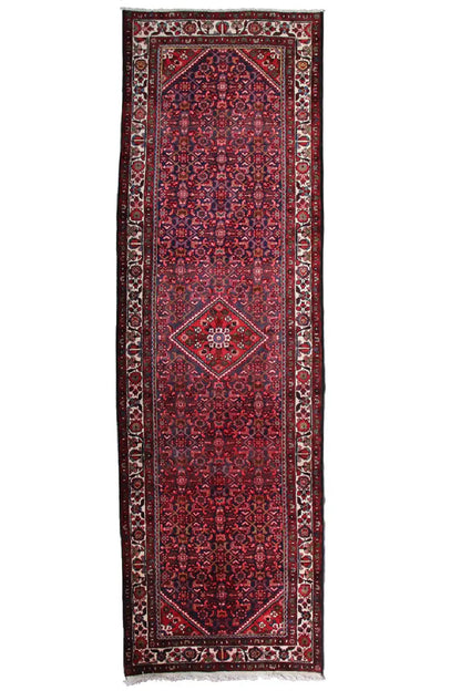 Narrow runner rug with a rectangular border pattern, red base and fringes
