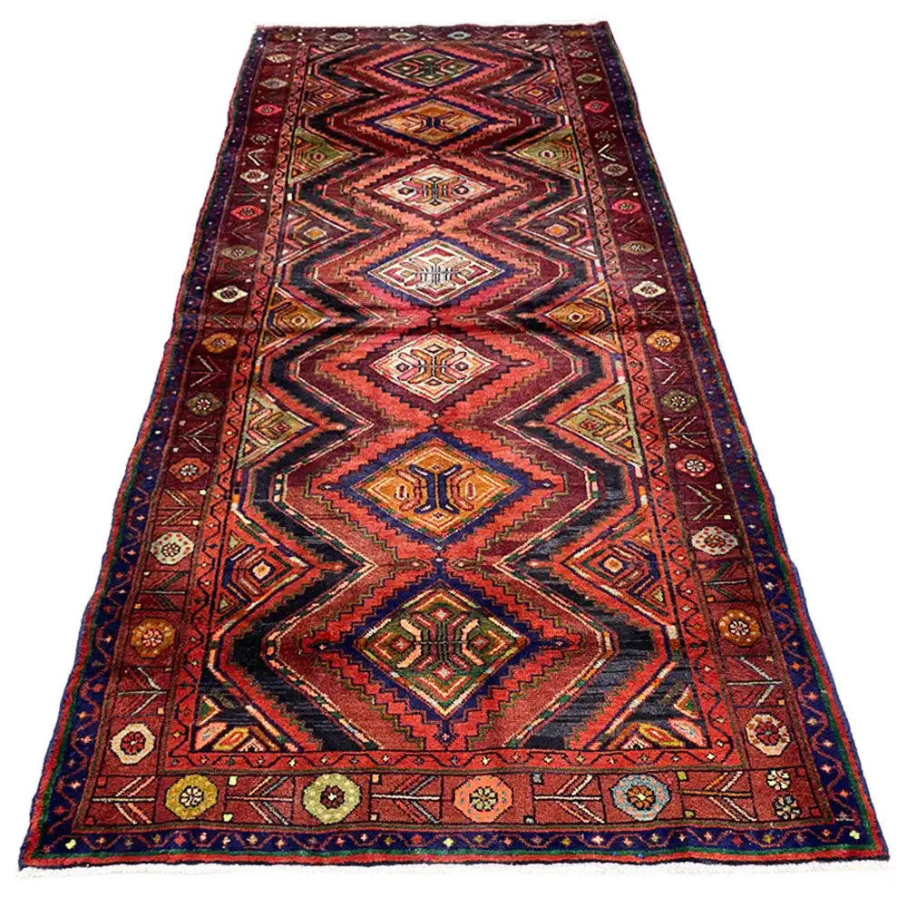 Hamadan runner 302x130 cm with geometric pattern, dark red and blue