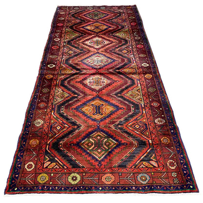 Hamadan runner 302x130 cm with geometric pattern, dark red and blue