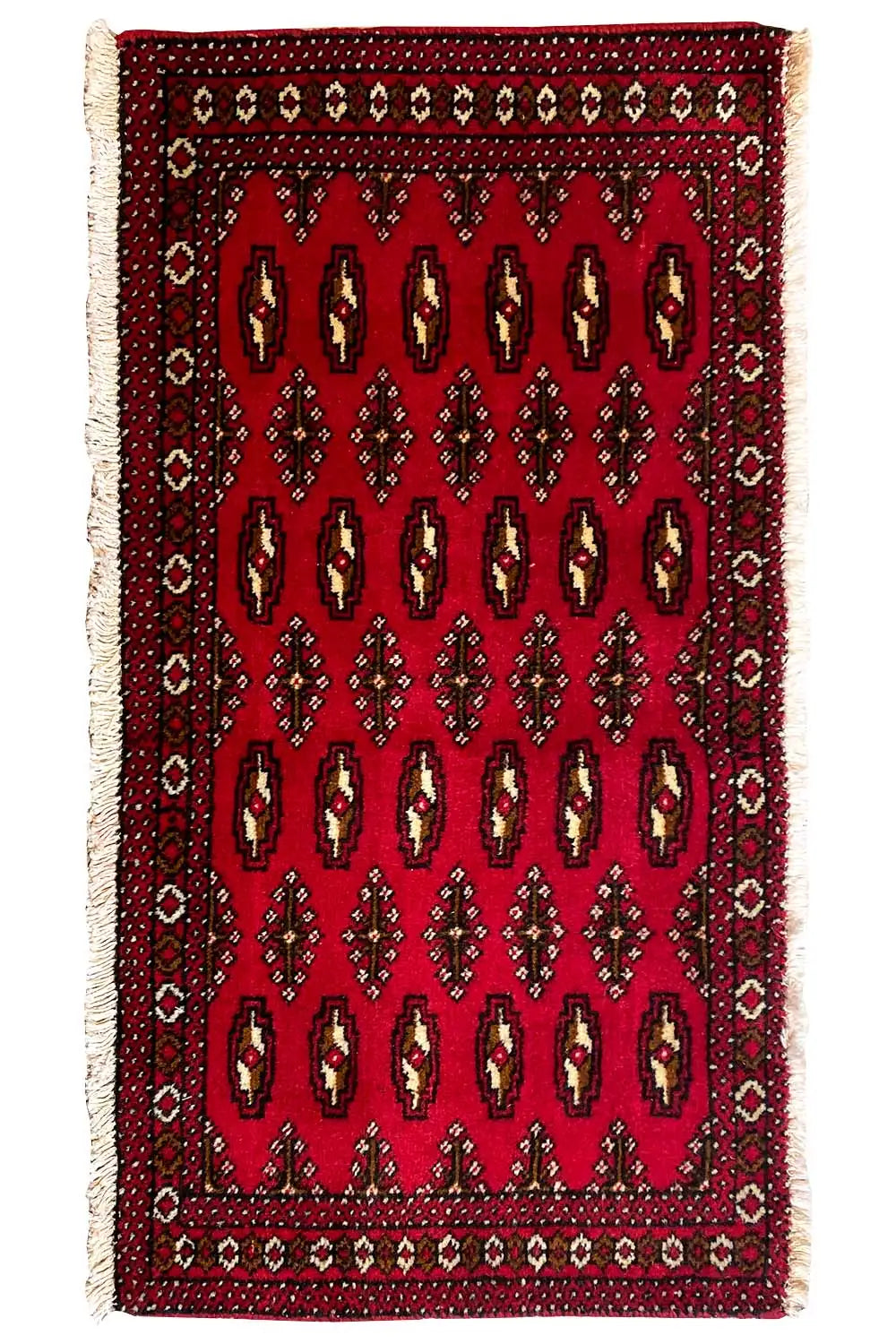 Poshti Turkmen carpet (95x47 cm), front view: red with repeated rows of symbols