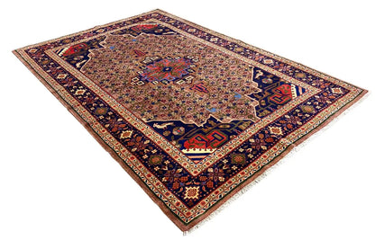 Hamadan rug laid flat, geometric patterns in blue and beige