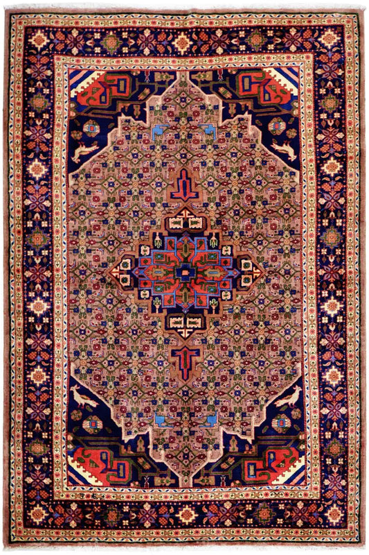 Hamadan rug with geometric medallion and border, blue, red, beige