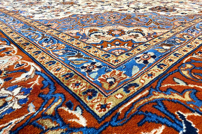 Close-up: Tabriz oriental rug with blue-red ornamentation and a detailed pattern