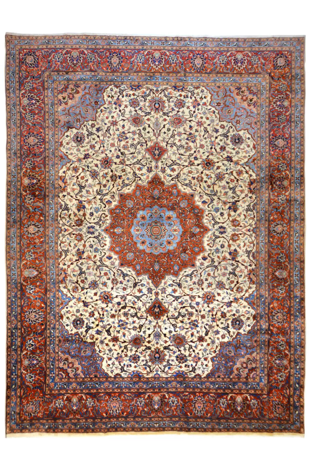 Tabriz oriental rug with cream medallion, red and blue ornamental border
