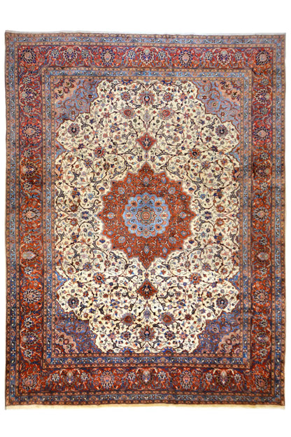 Tabriz oriental rug with cream medallion, red and blue ornamental border