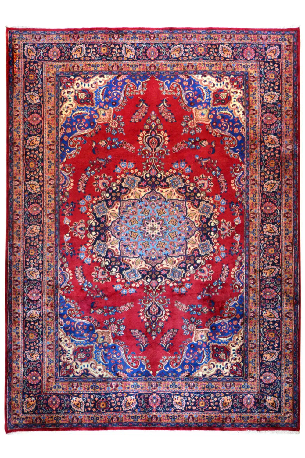 Khorasan rug with a red central medallion, blue border, and intricate ornaments