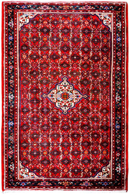 Oriental rug with a red ground, blue pattern, and surrounding decorative border