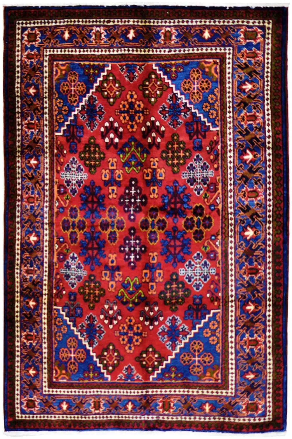 Red and blue Hamadan rug with patterned medallions, rectangular