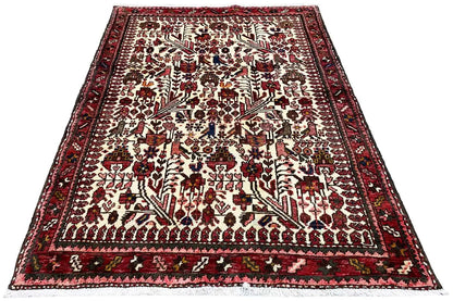 Oriental rug in angled view, finely patterned border in red and white