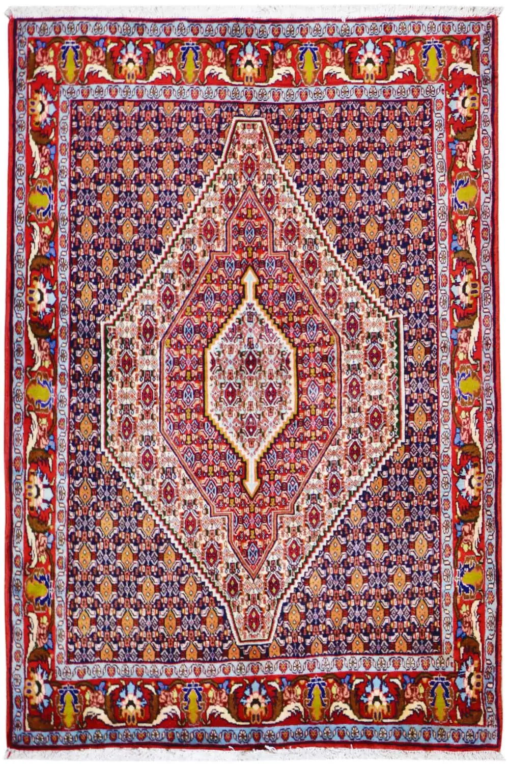 Oriental rug with a red-and-blue ornamental pattern and central medallion, rectangular