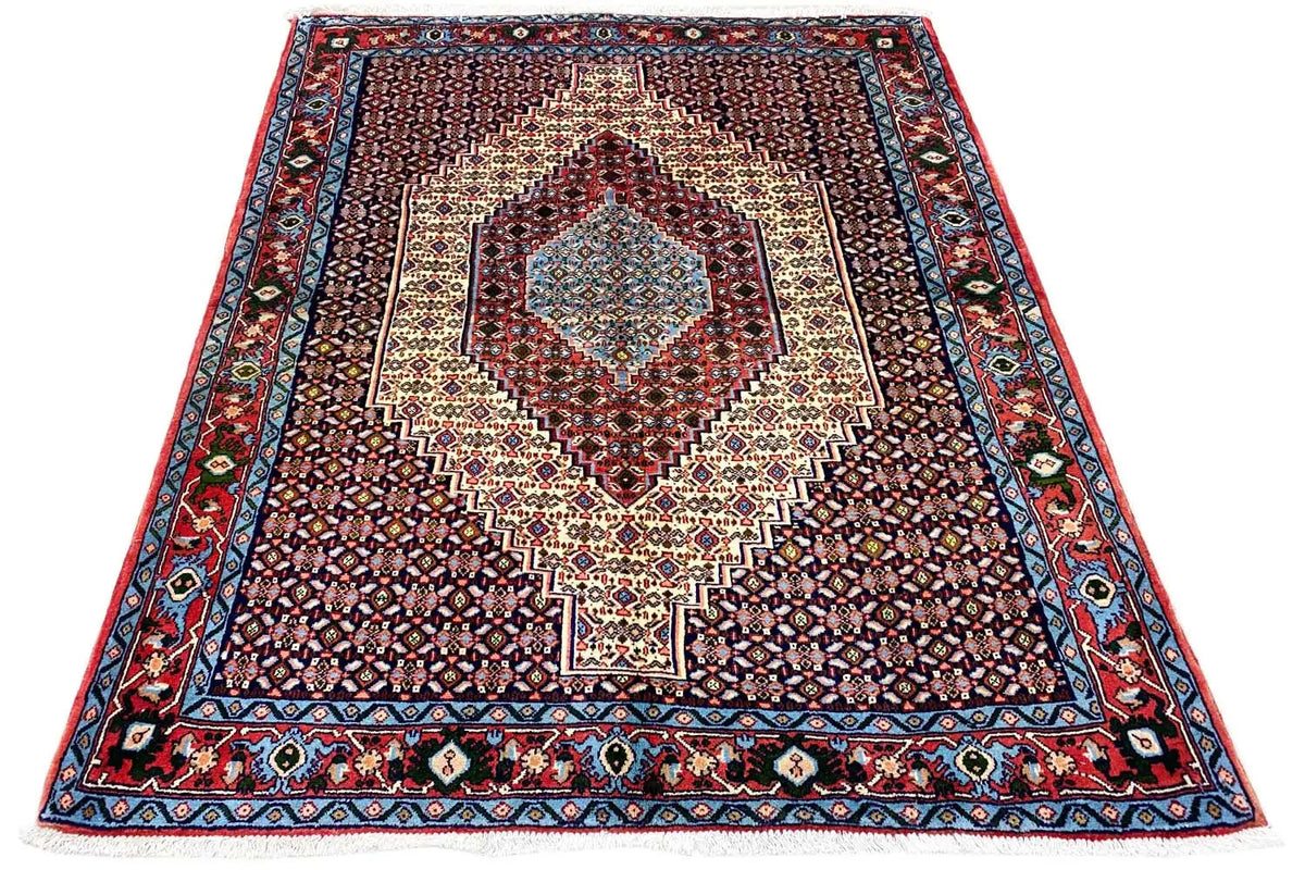 Hamadan rug with geometric medallion, multicolored border, and edge ornaments