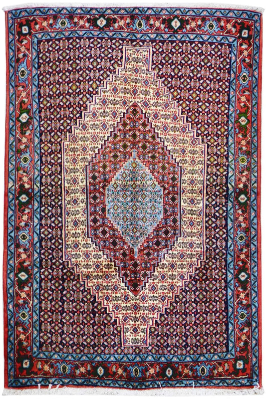 Rectangular Hamadan rug with a red central medallion and ornamental border