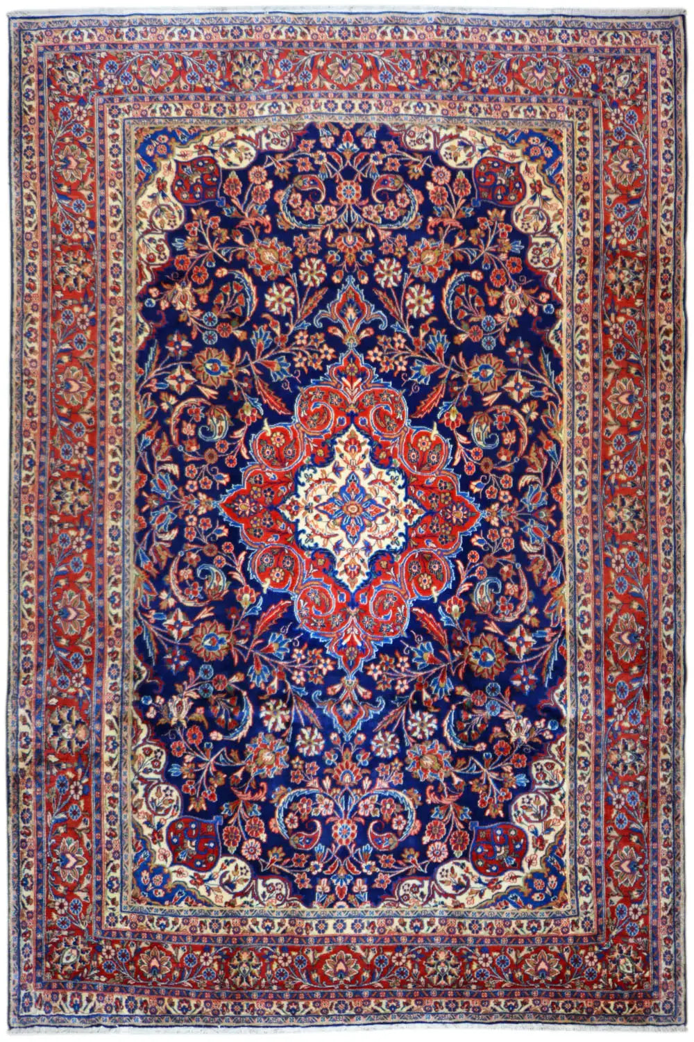 Rug front: dark blue with a red central pattern, surrounding border with ornaments