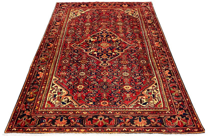 Rectangular Hamadan rug, red border pattern with a central medallion, richly detailed