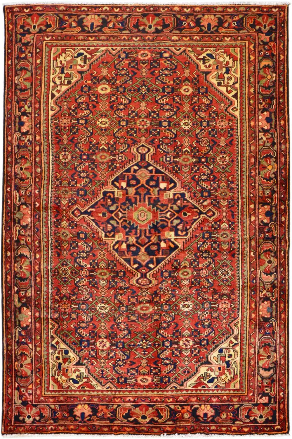 Hamadan rug with a red background and geometric medallion pattern, rectangular