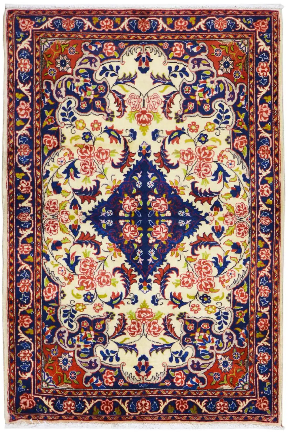 Hamadan rug with an ornamental floral and medallion pattern in blue, red, and cream