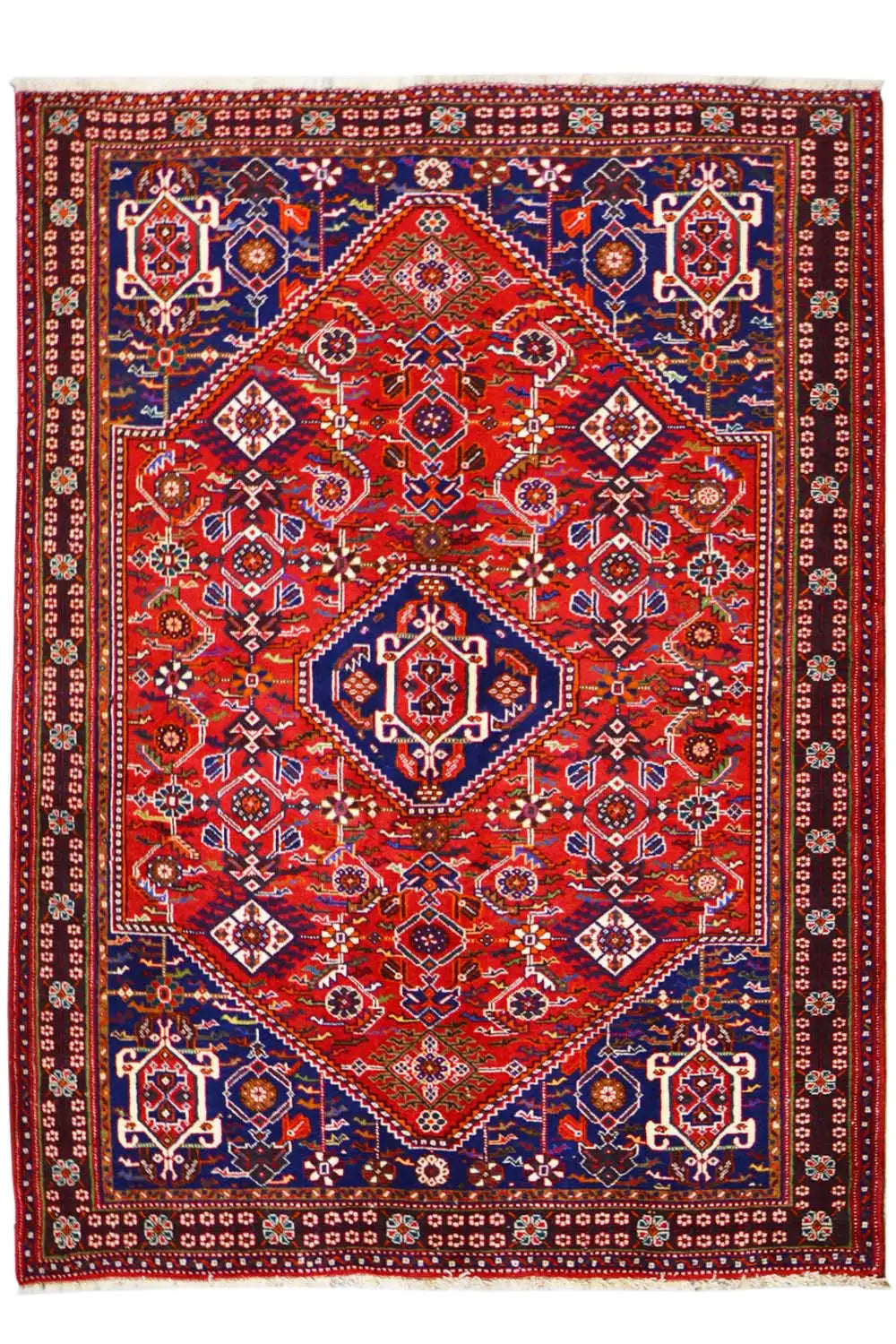 Oriental rug with red and blue pattern and border, rectangular