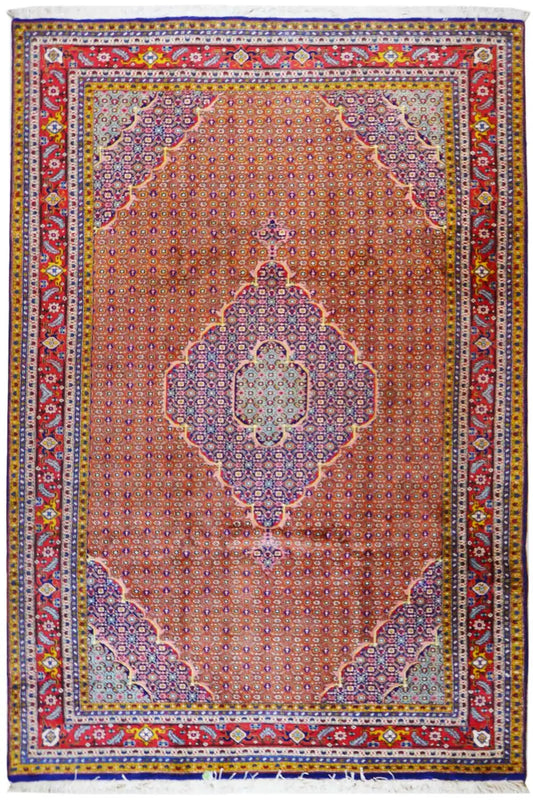 Moud rug with a reddish background and blue-red ornamental pattern, rectangular