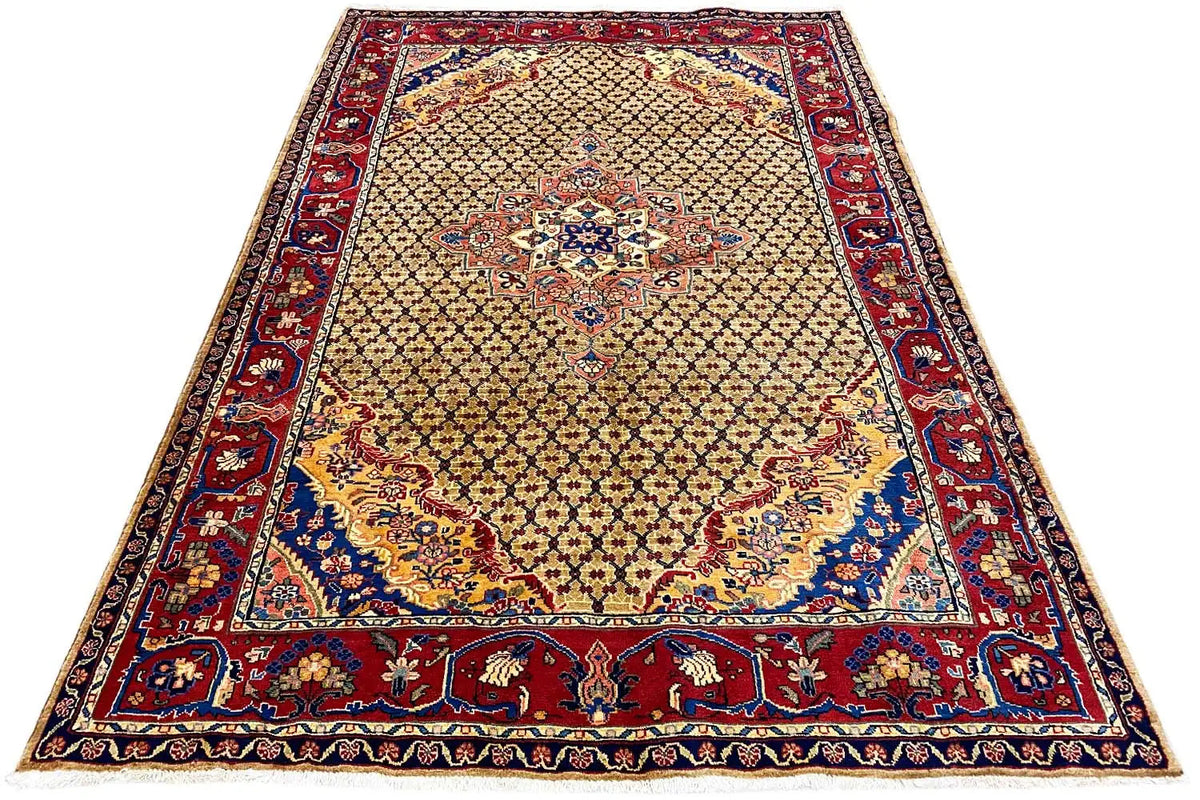 Hamadan rug, beige pile with medallion and red-blue border, rectangular