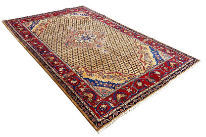 Rectangular Hamadan rug, beige background with ornamental corners and a red-blue border