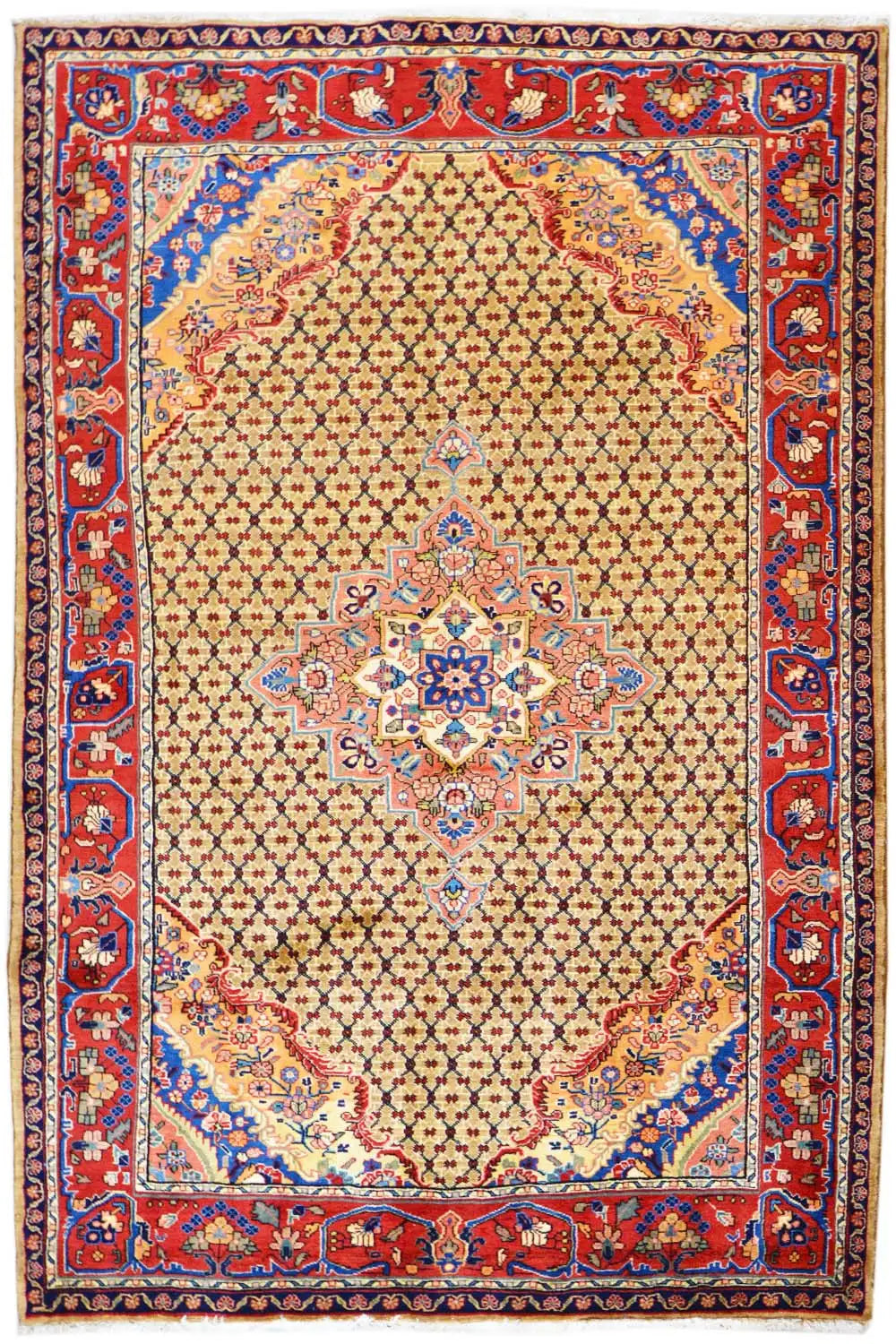 Hamadan rug with a beige background, central medallion, and red-blue border pattern