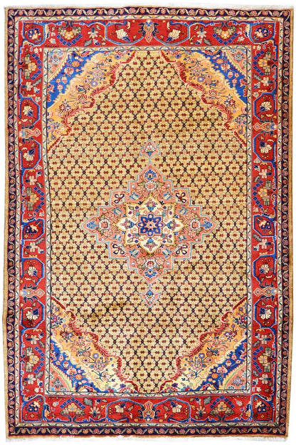 Hamadan rug with a beige background, central medallion, and red-blue border pattern