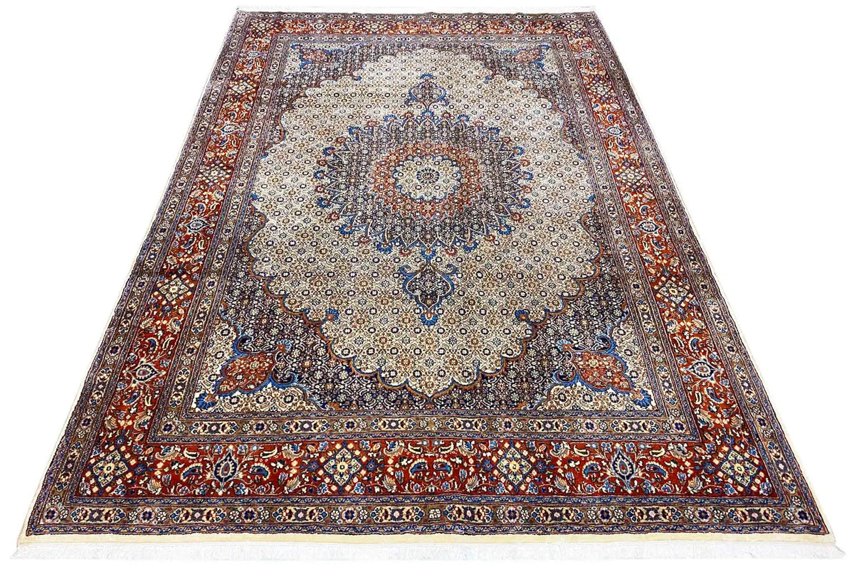 Rug with a beige ground, round medallion, and red-and-blue decorative border