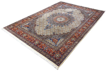 Rug with a beige patterned field, blue border, and red ornaments along the edge