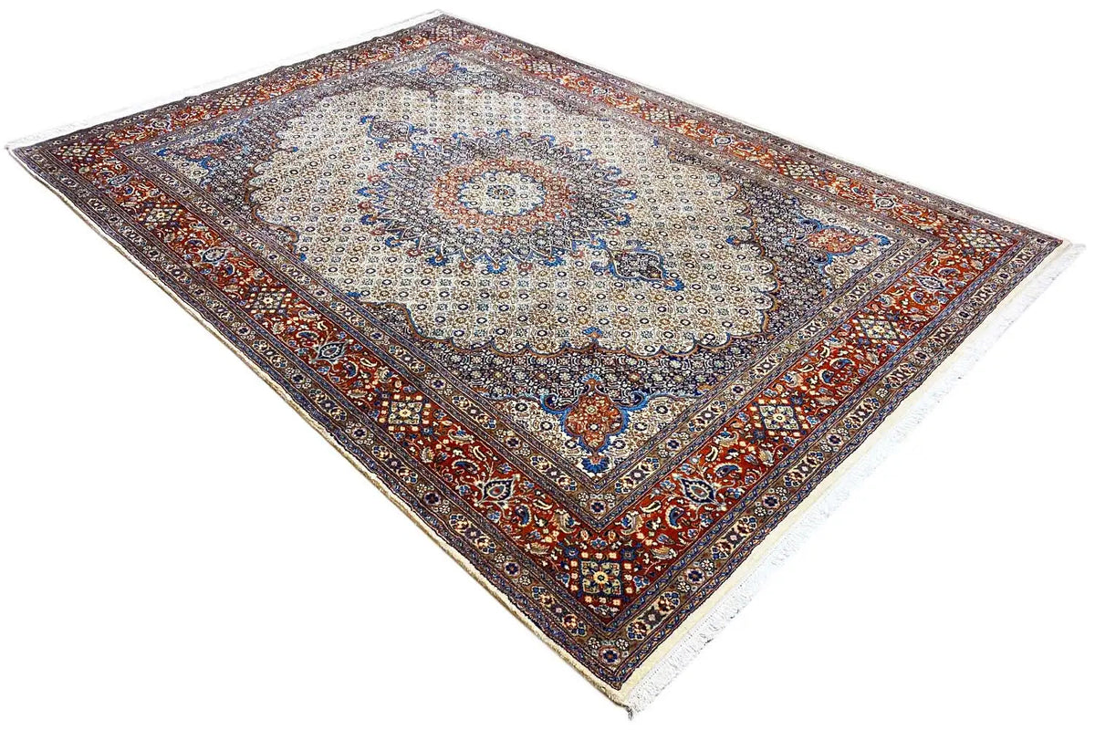 Rug with a beige central field, blue border, and surrounding red decorative edging