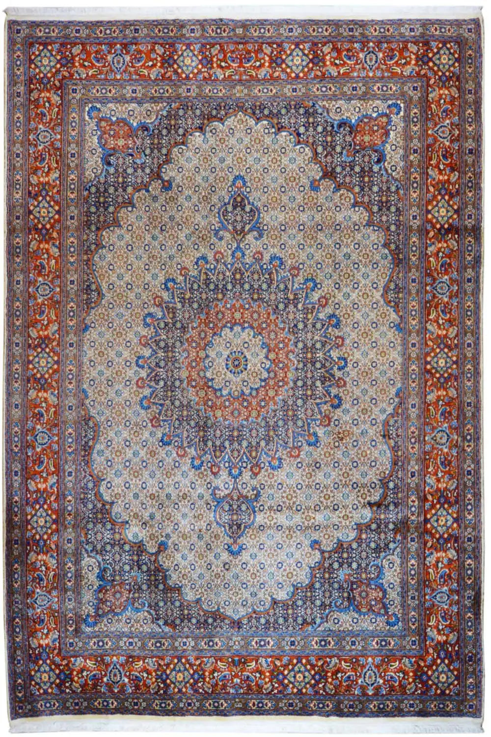 Rug with a beige central medallion and blue-red ornamental border