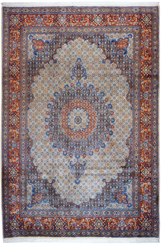 Rug with a beige central medallion and blue-red ornamental border